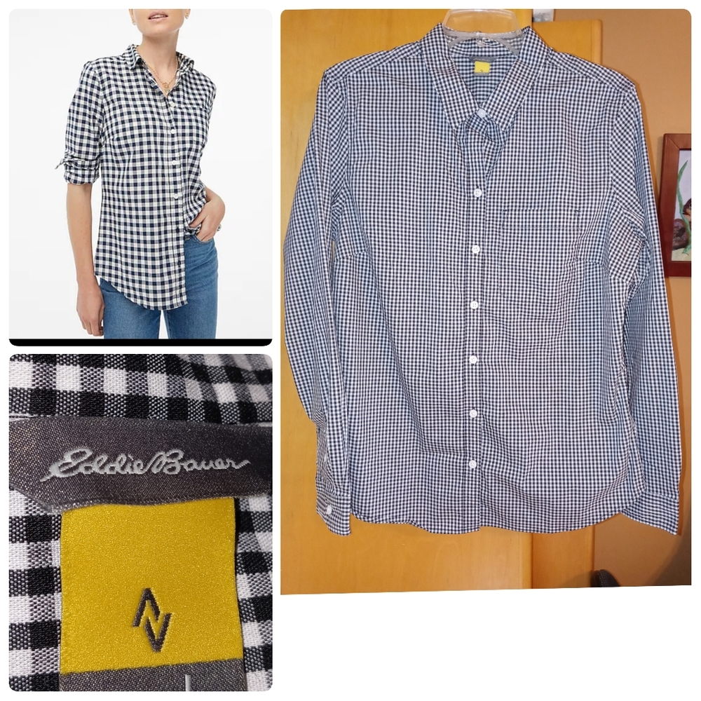 Eddie Bauer Women's Navy & White Gingham Button Down Blouse Size Large●